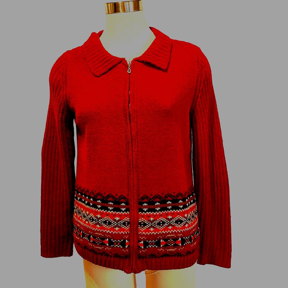 Erika Women's Cardigan Size L Cranberry Knit Chenille Fair Isle VTG Black Peach